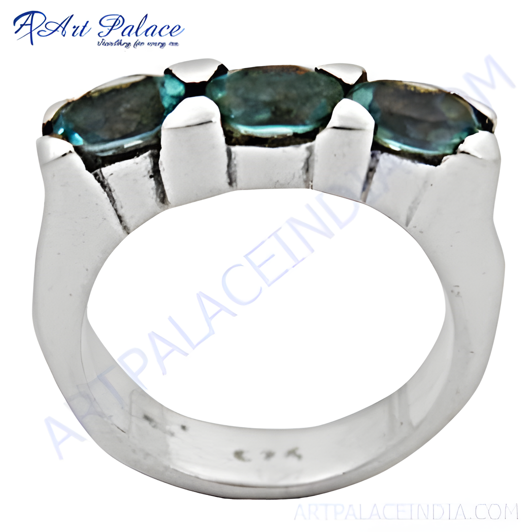 Sterling silver ring with three blue gemstones. Women's fashion jewelry.