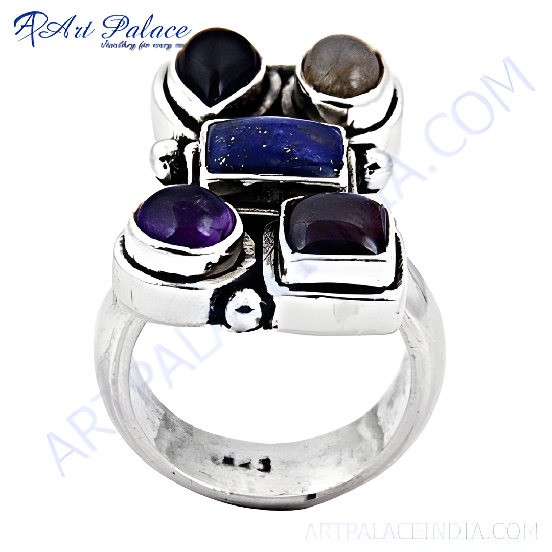 Sterling silver ring with multiple colorful gemstones, including amethyst and lapis lazuli. Statement ring design.