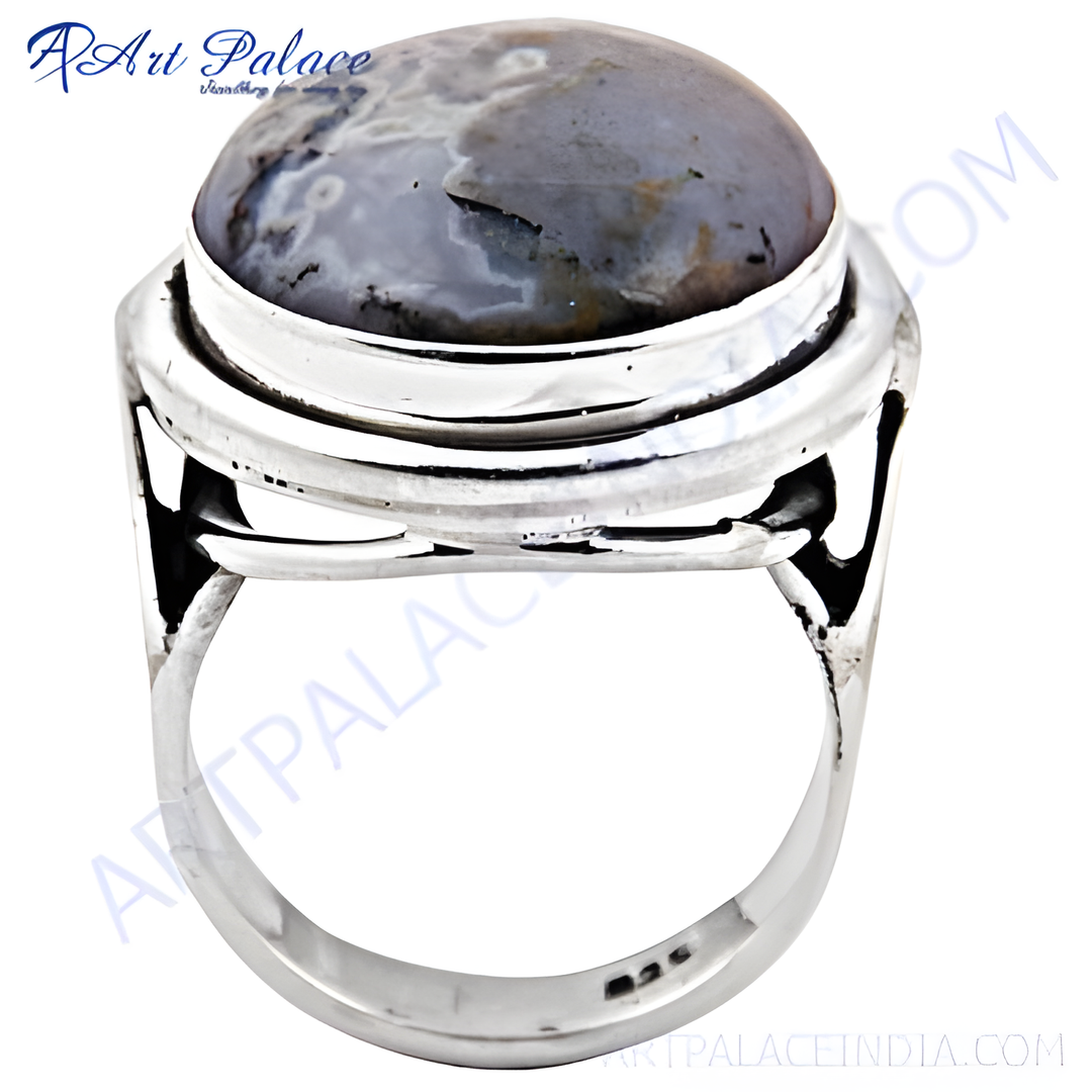 925 sterling silver statement ring with a large, patterned gemstone. Grey and white stone.