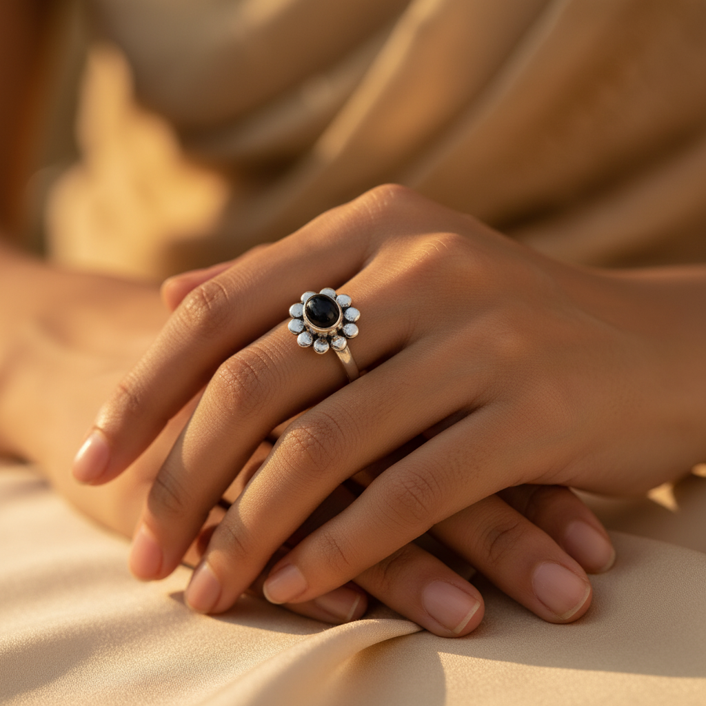 925 Silver Black Onyx Flower Ring for Women | Daily Wear Gift