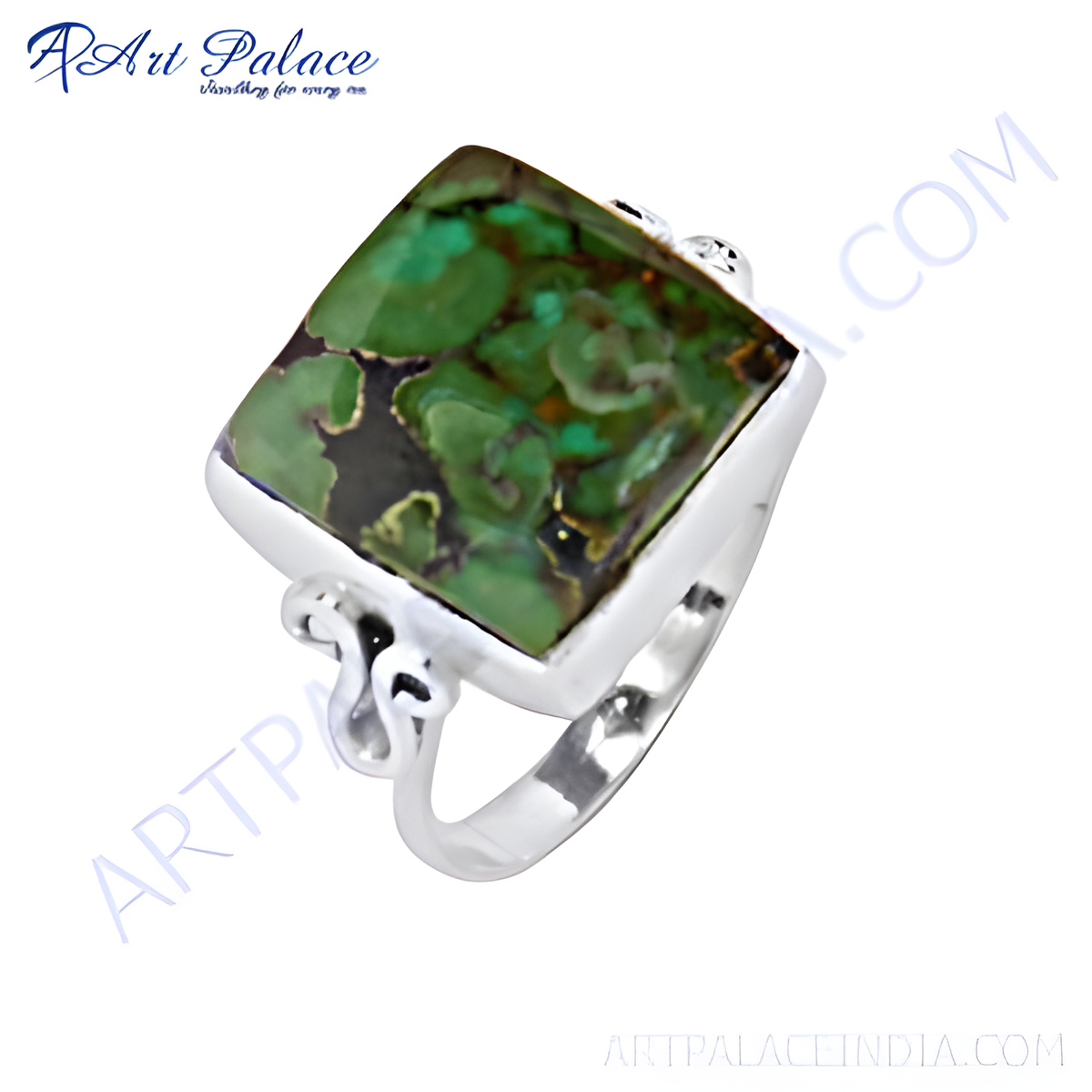 Sterling silver cocktail ring with a square turquoise gemstone, green and black color, women's fashion jewelry