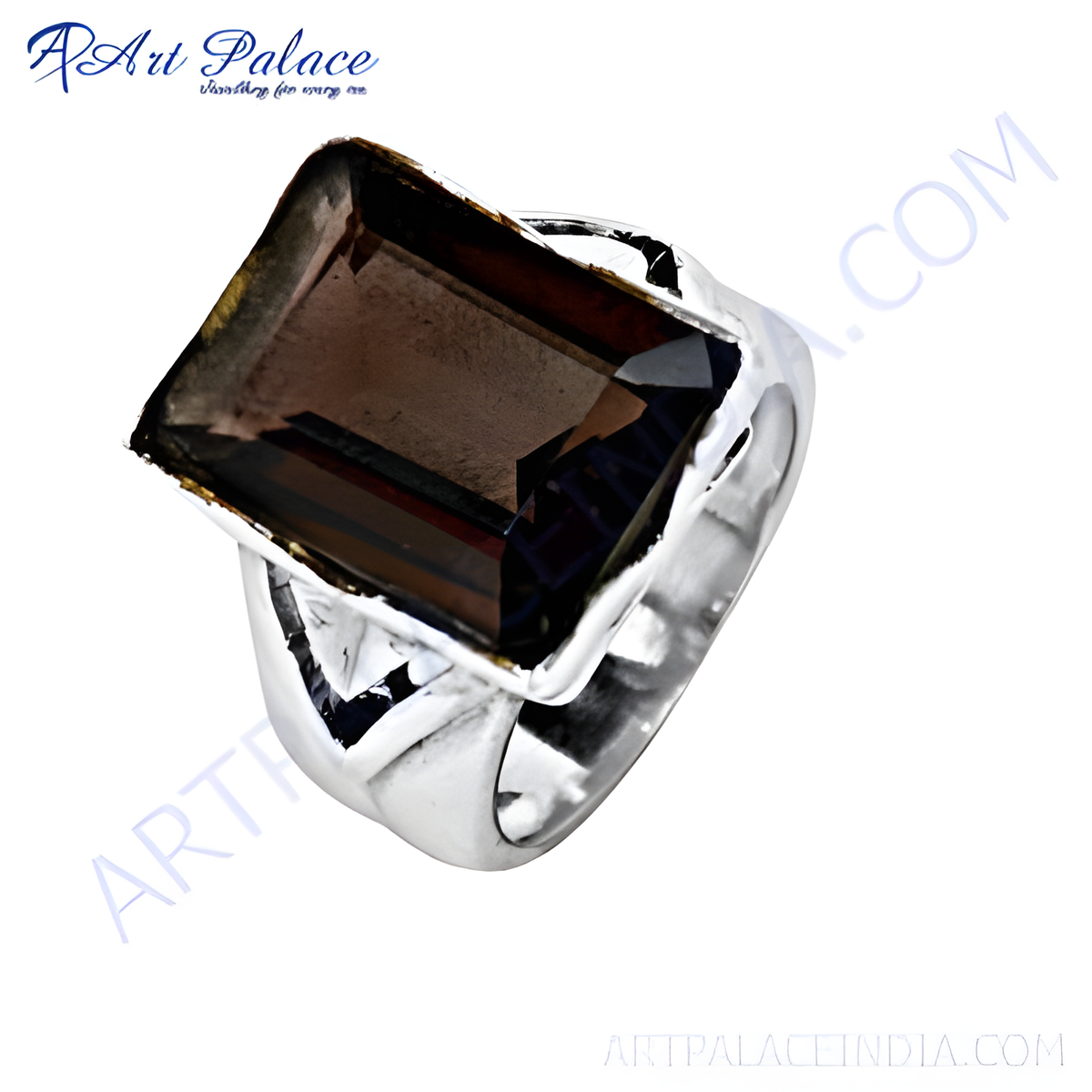 925 sterling silver ring featuring a large, square cut smoky quartz gemstone