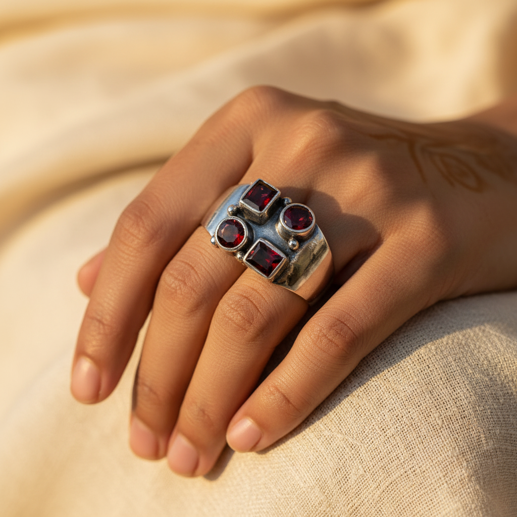 925 Silver Garnet Gemstone Ring for Women | Statement Jewelry