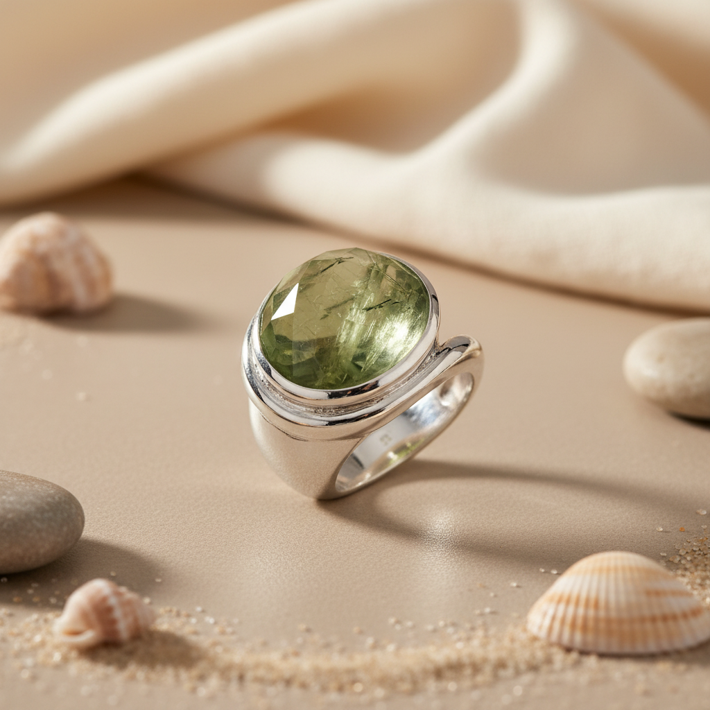 925 Silver Green Prehnite Ring for Women | Gemstone Jewelry