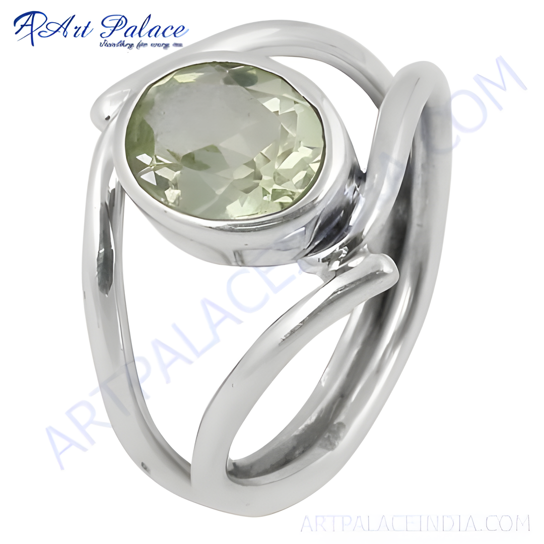 925 sterling silver ring with a light green amethyst gemstone center. Modern design.