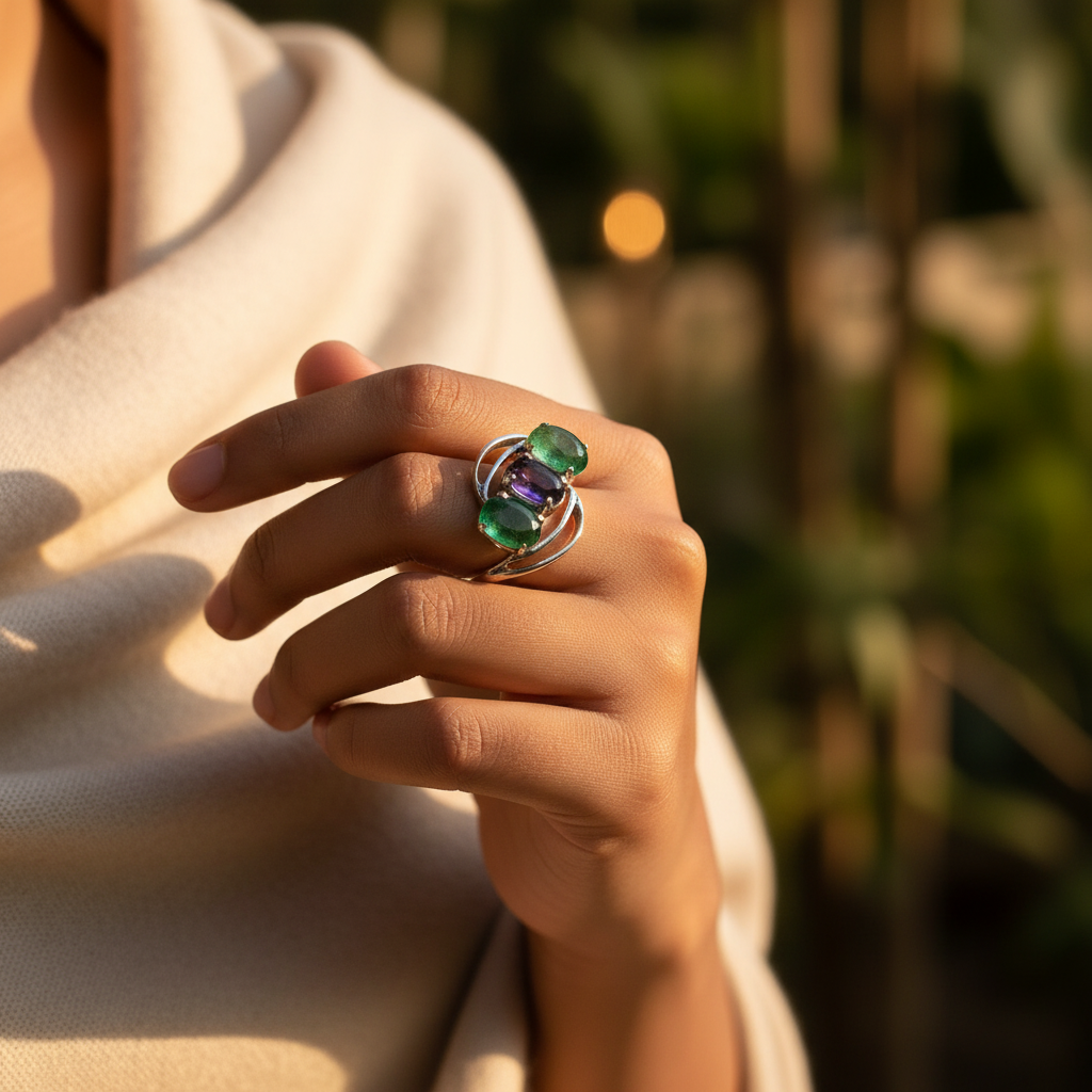 925 Silver Emerald & Sapphire Ring for Women | Gemstone Jewelry