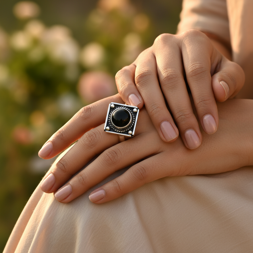 925 Silver Onyx Ring for Women | Square Stone Jewelry