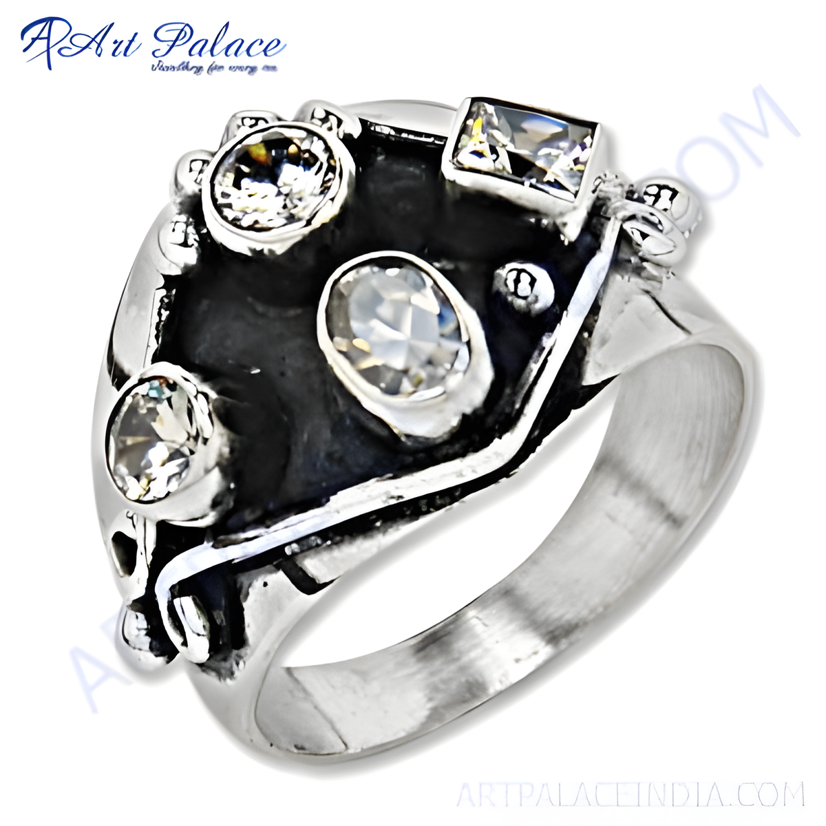 Sterling silver gemstone ring with black enamel detailing and multiple white gemstones