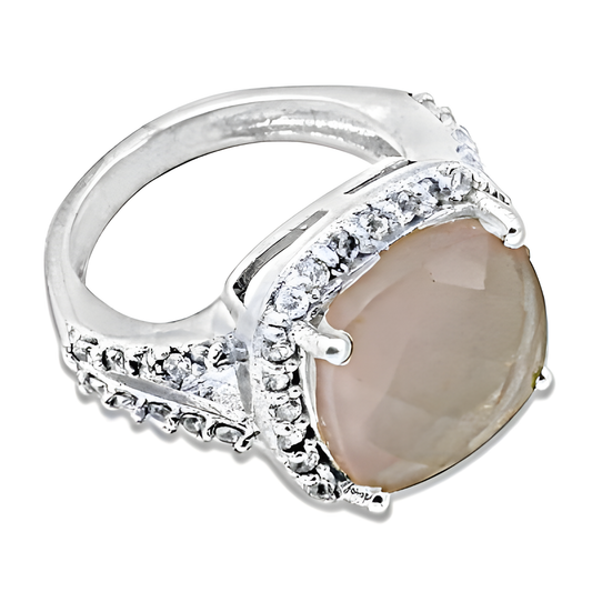 Dazzaling Rose Quartz & Cubic Zirconia Gemstone Silver Ring