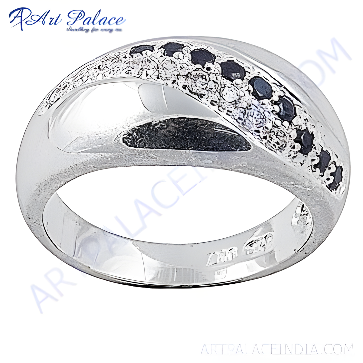 A sterling silver ring with black stones, perfect for adding a touch of elegance and sophistication to any outfit