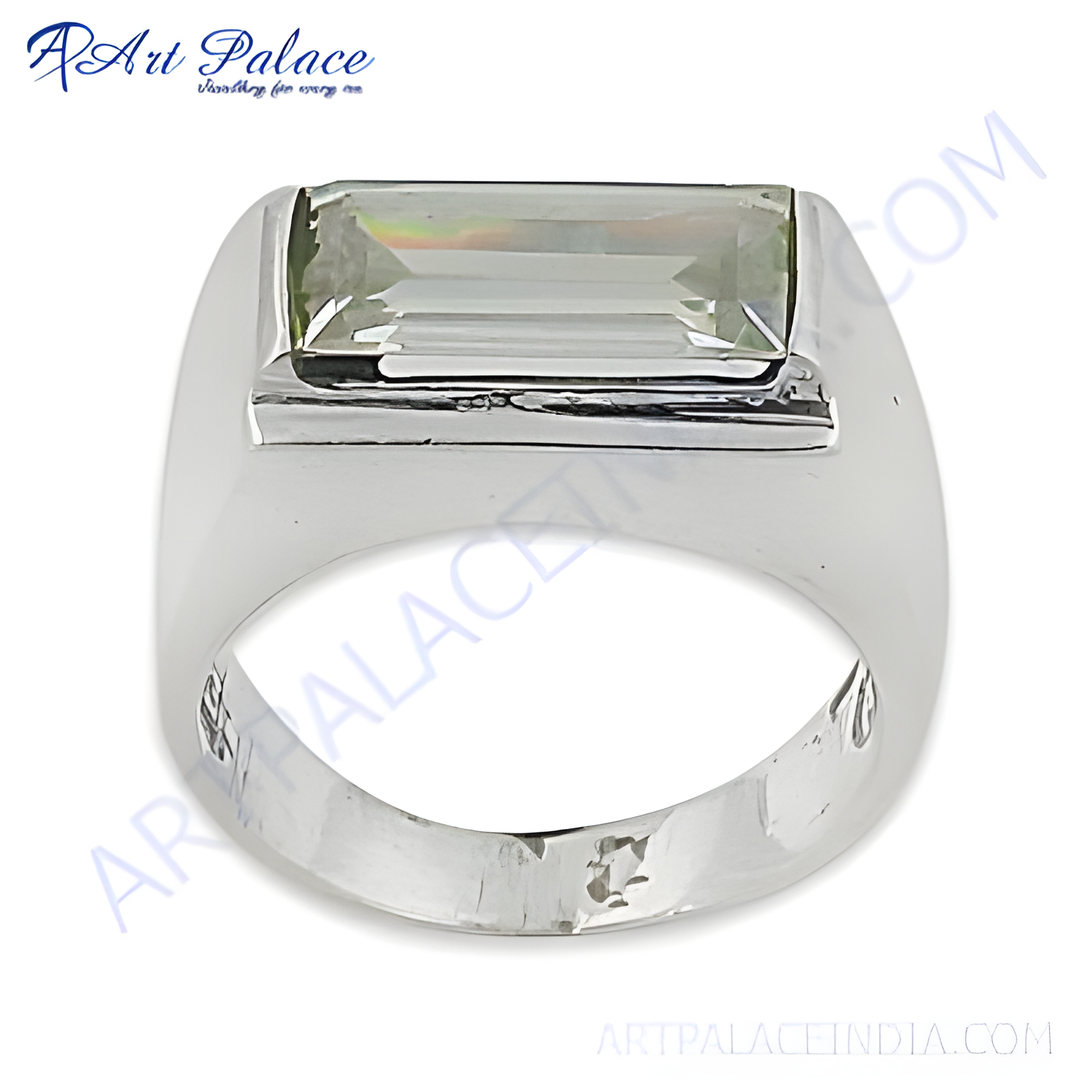 Silver signet ring with a large rectangular emerald-cut gemstone in a bezel setting.