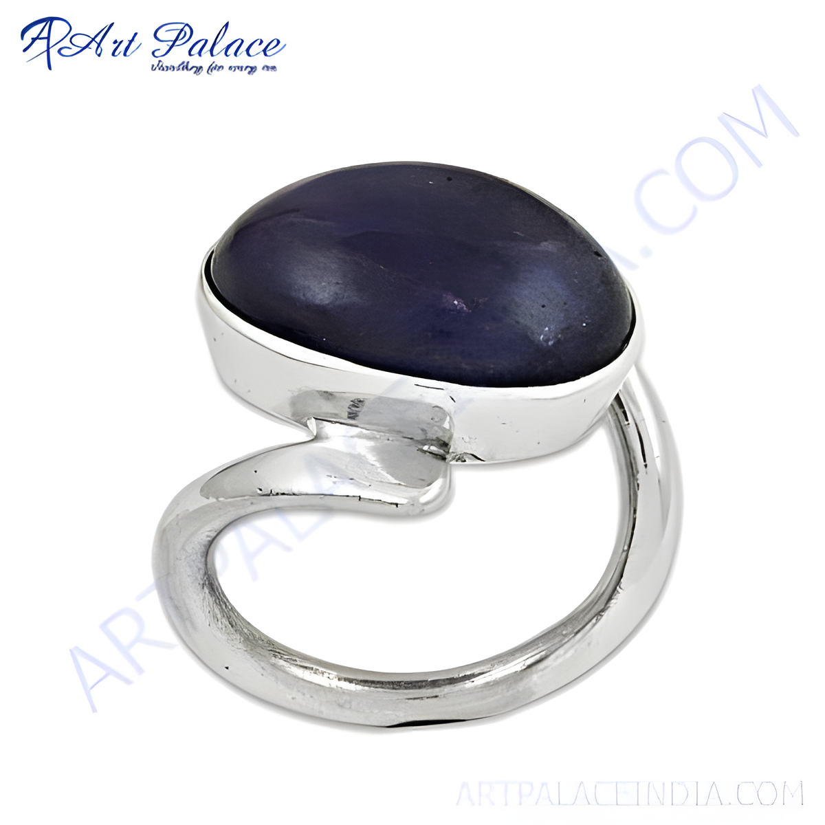 Sterling silver ring featuring an oval shaped, dark blue gemstone; a stunning piece of jewelry