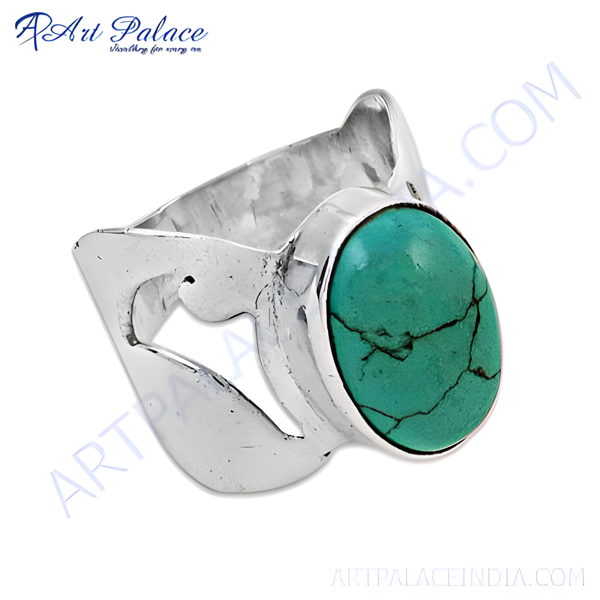 Sterling silver ring with a large oval shaped turquoise gemstone, vibrant teal color