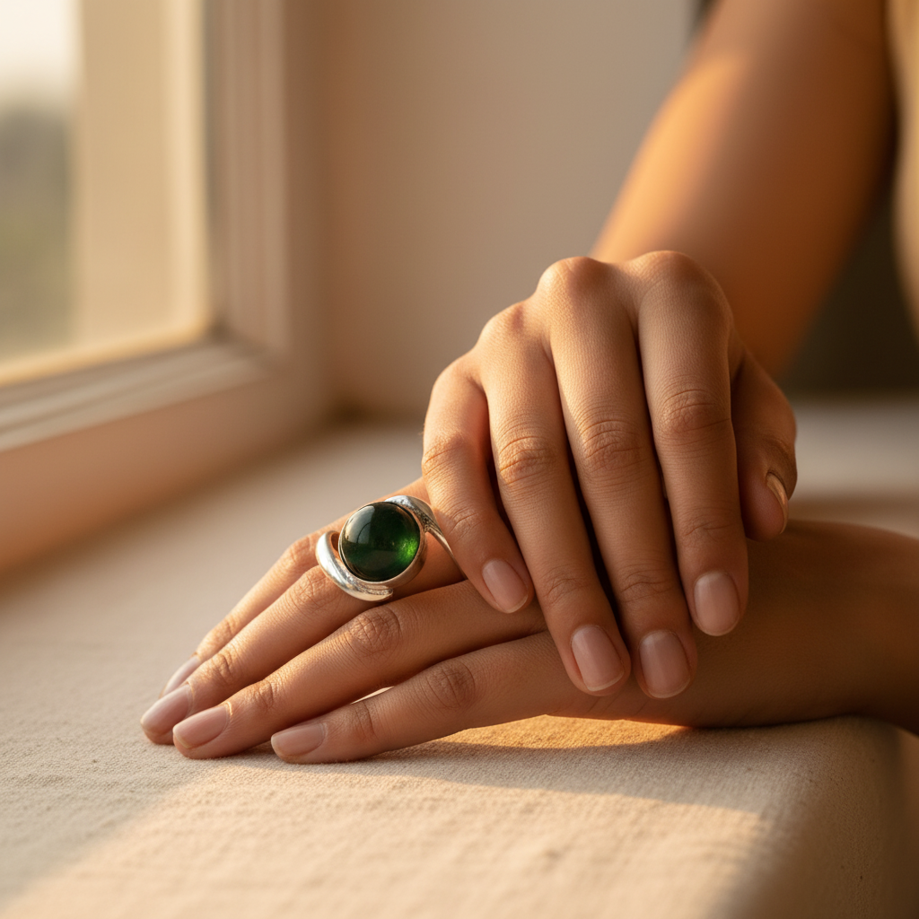 925 Silver Round Green Gemstone Ring | For Women | Gift