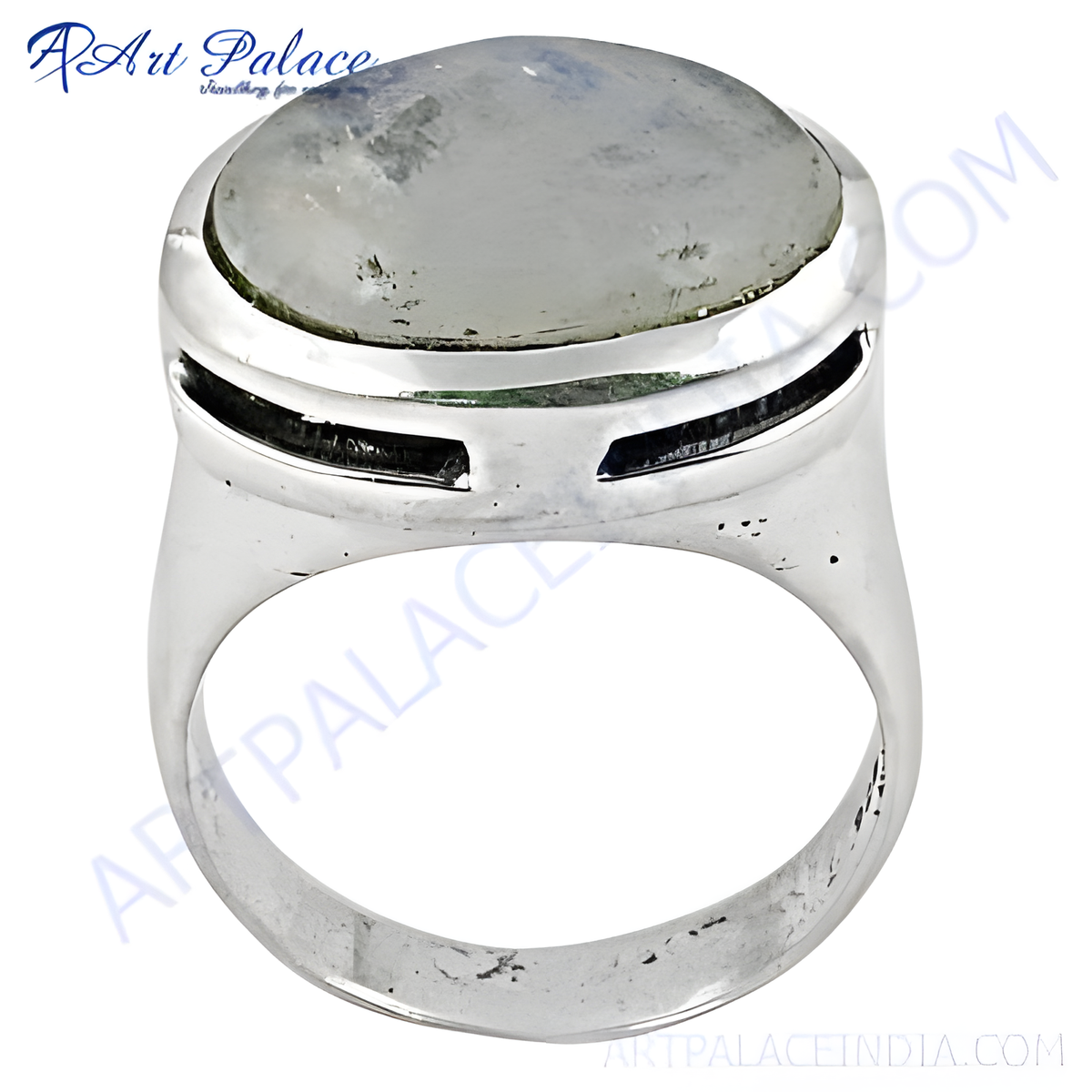 Sterling silver moonstone ring with a large, oval, iridescent moonstone cabochon set in a polished silver band