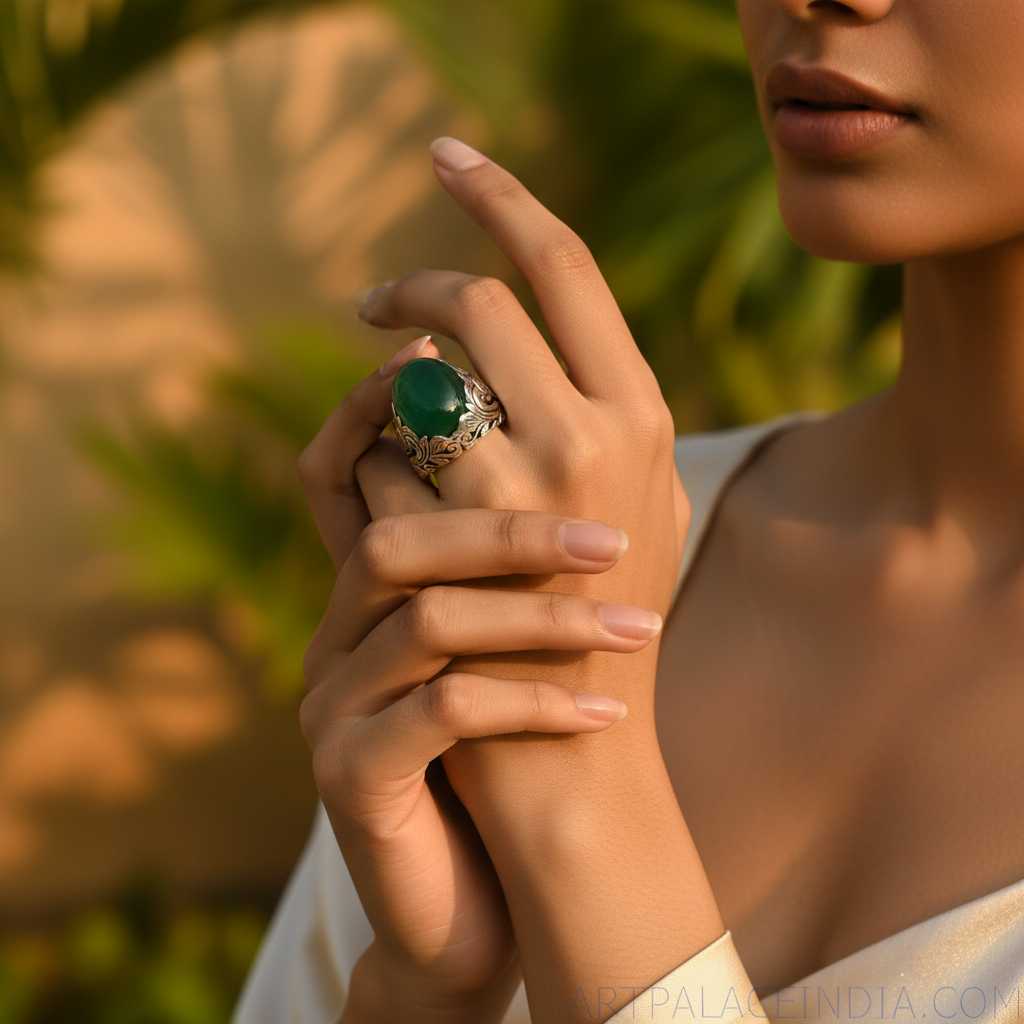 925 Sterling Silver Green Stone Ring for Men | Statement Jewelry