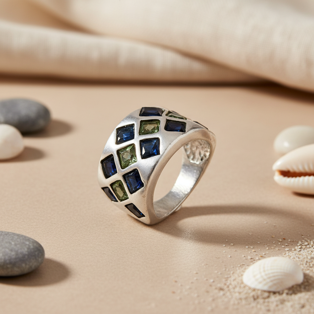 925 Silver Blue & Green Gemstone Ring for Women | Statement Jewelry
