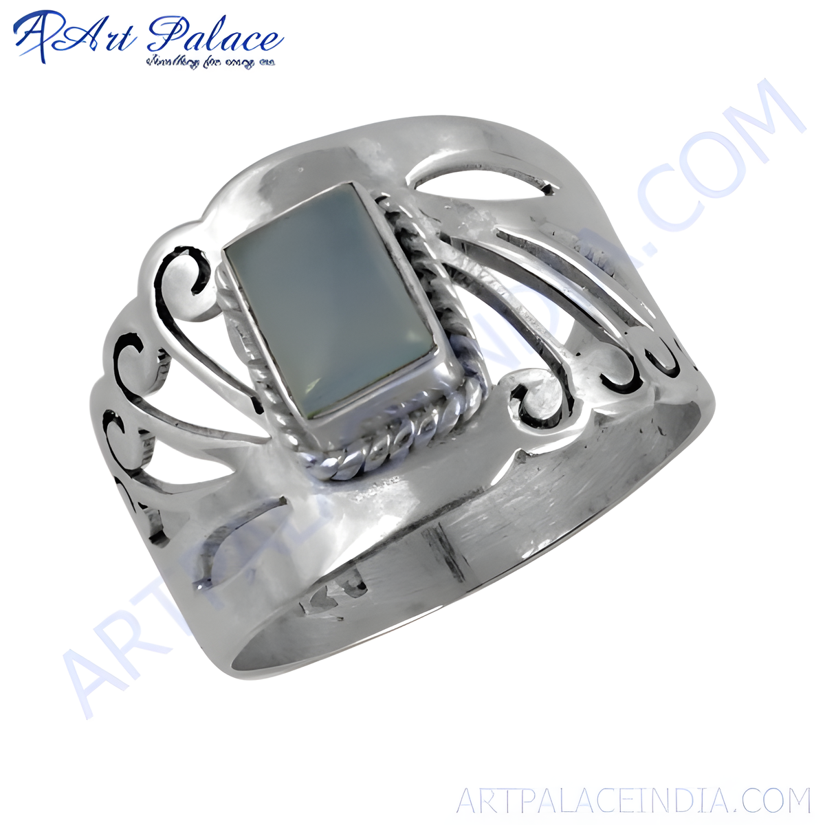 Sterling silver ring with a rectangular green gemstone