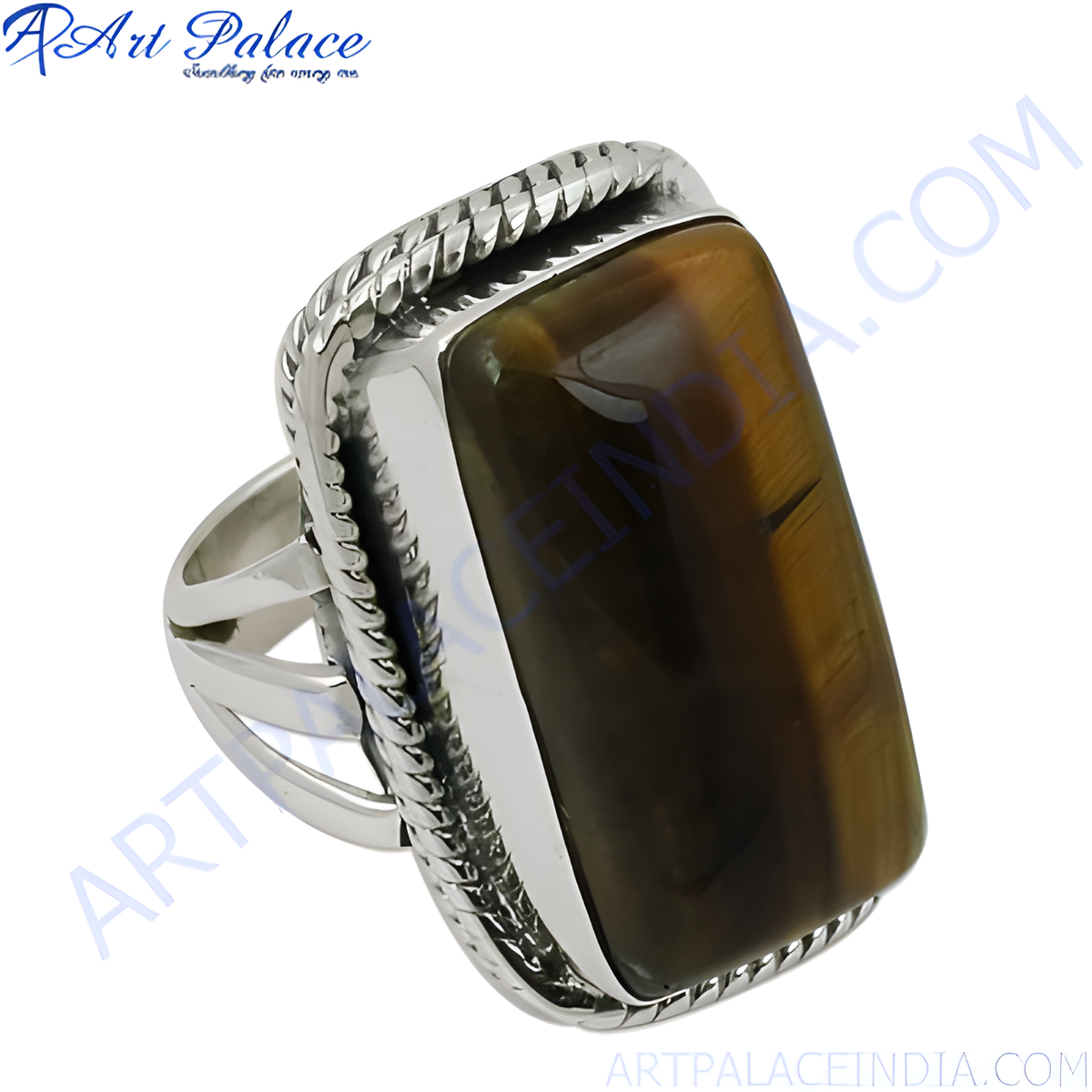 Sterling silver ring with a large rectangular tiger eye stone in a brown and gold color