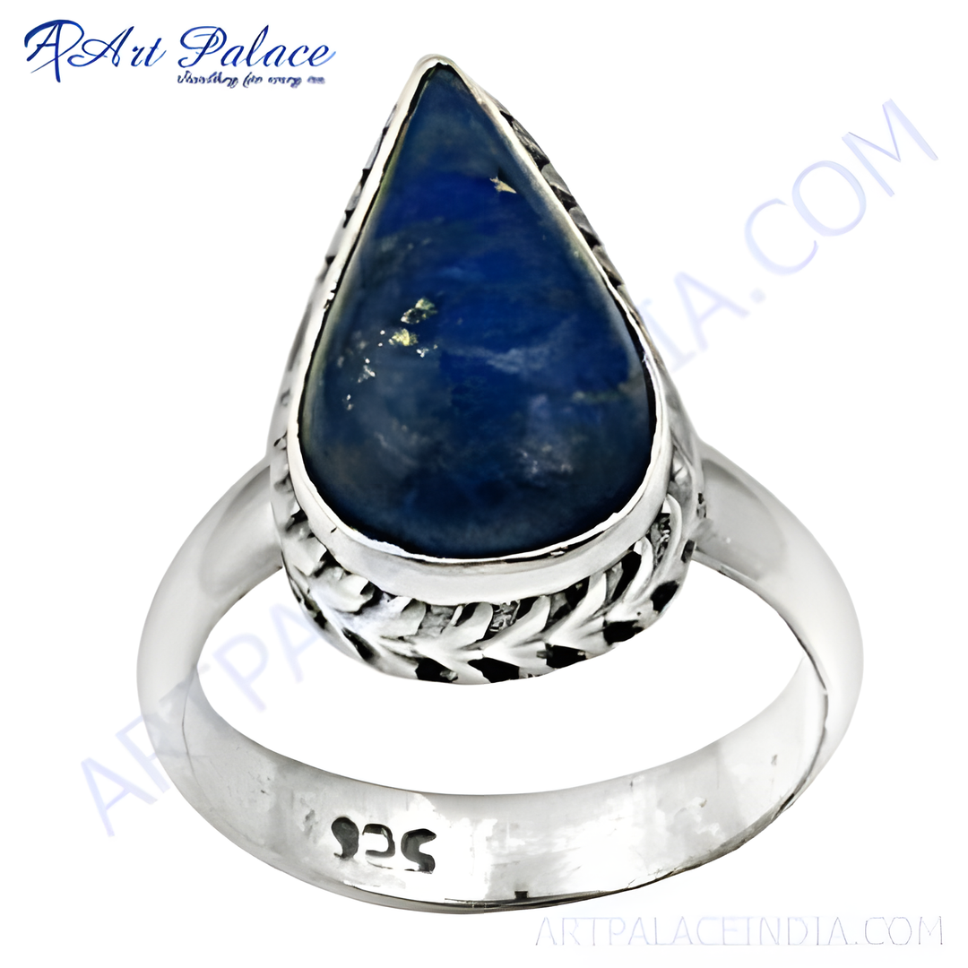 925 sterling silver teardrop ring with a vibrant blue lapis lazuli gemstone.