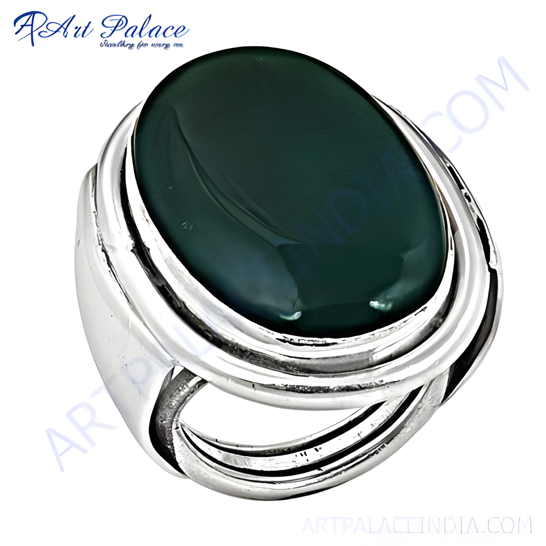 Sterling silver ring with a large oval-cut green onyx gemstone, polished and elegant design.