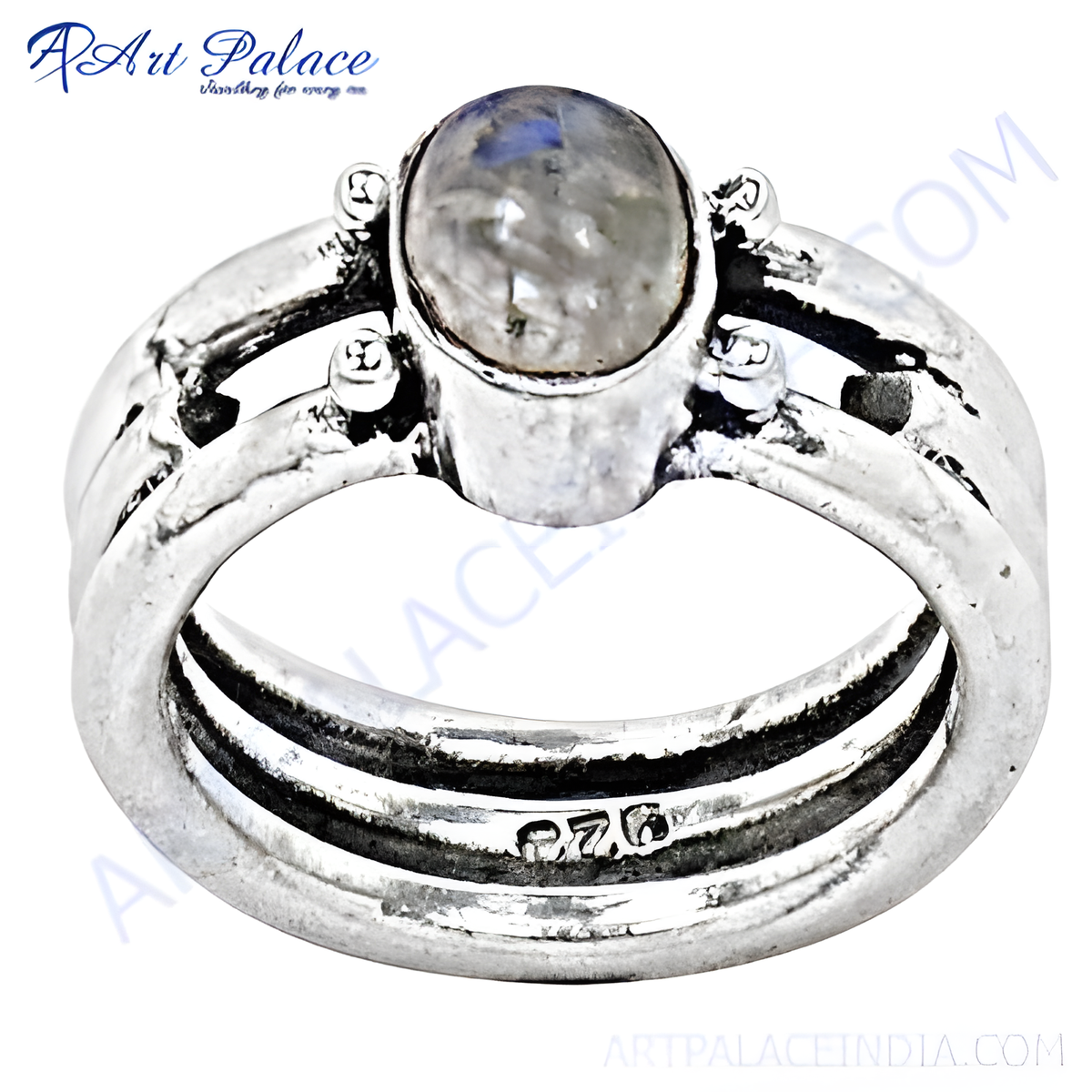 Sterling silver moonstone ring with a round, iridescent gemstone, ideal for women's jewelry