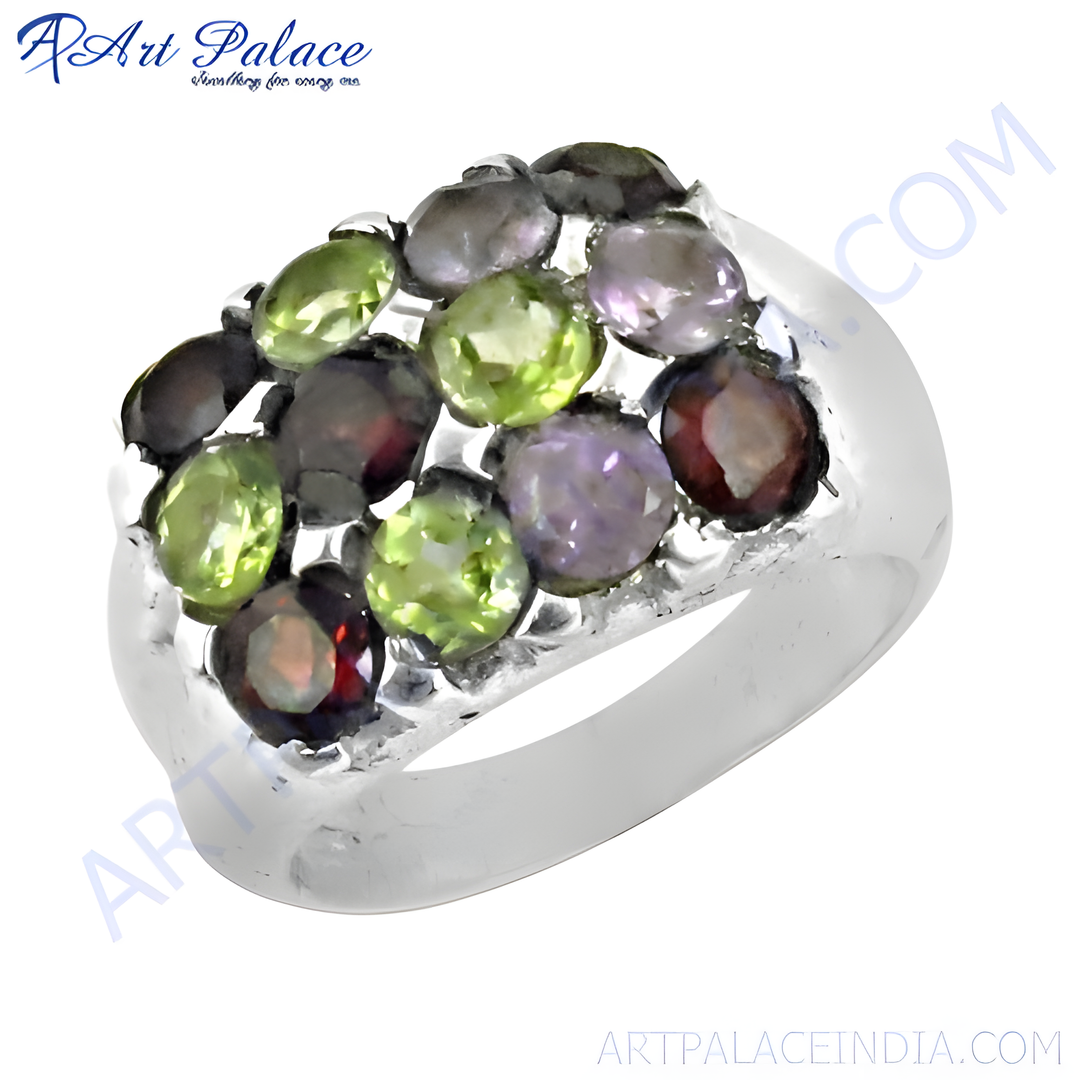Sterling silver multi-gemstone cluster ring with colorful gemstones, perfect for women.