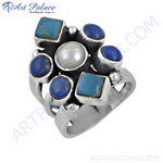 Load image into Gallery viewer, Sterling silver statement ring with turquoise, lapis lazuli, and pearl gemstones, elegant jewelry for women.
