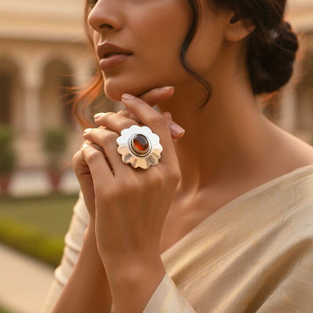 925 Silver Flower Ring with Gemstone | Women's Ring | Gift
