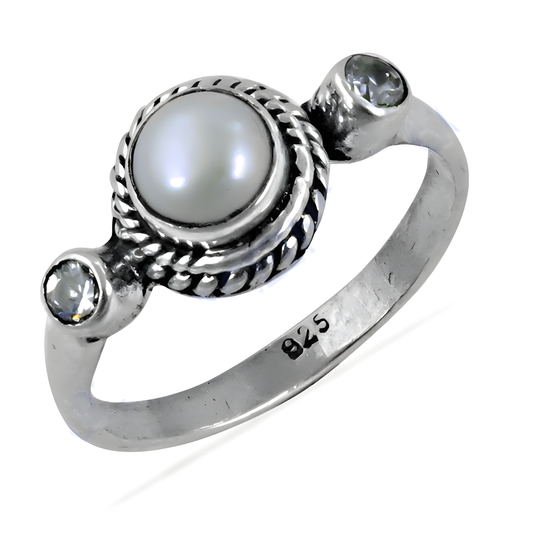 Fabulous Pearl & Cubic Zirconia Gemstone Silver Designer Ring, 925 Sterling Silver Jewelry