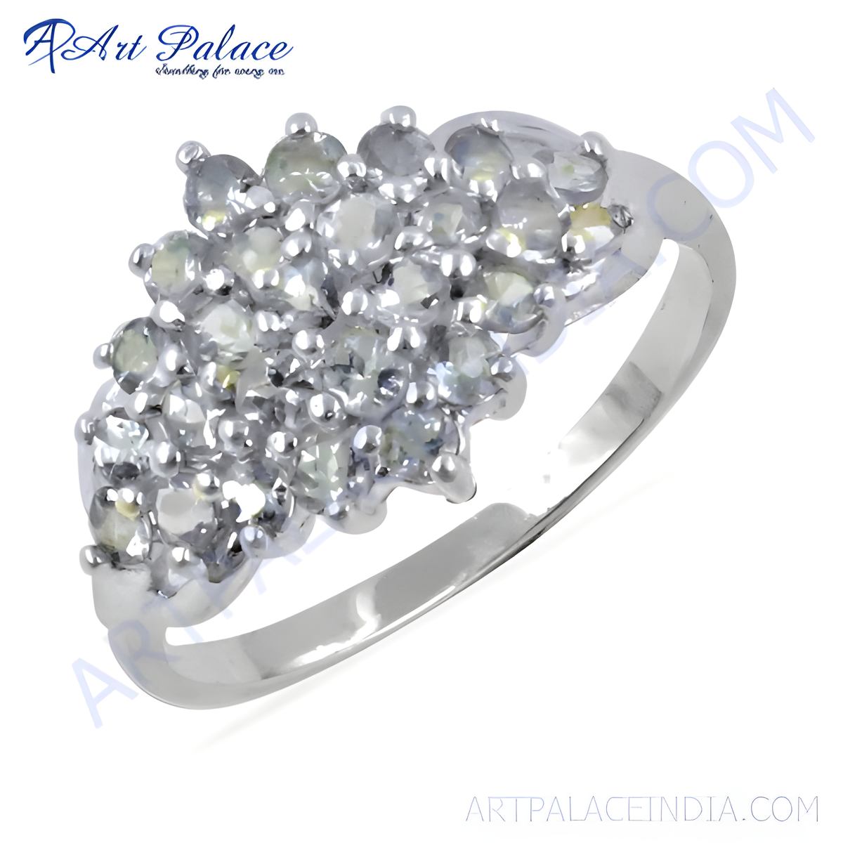 Silver ring with a cluster of round, light colored gemstones for women