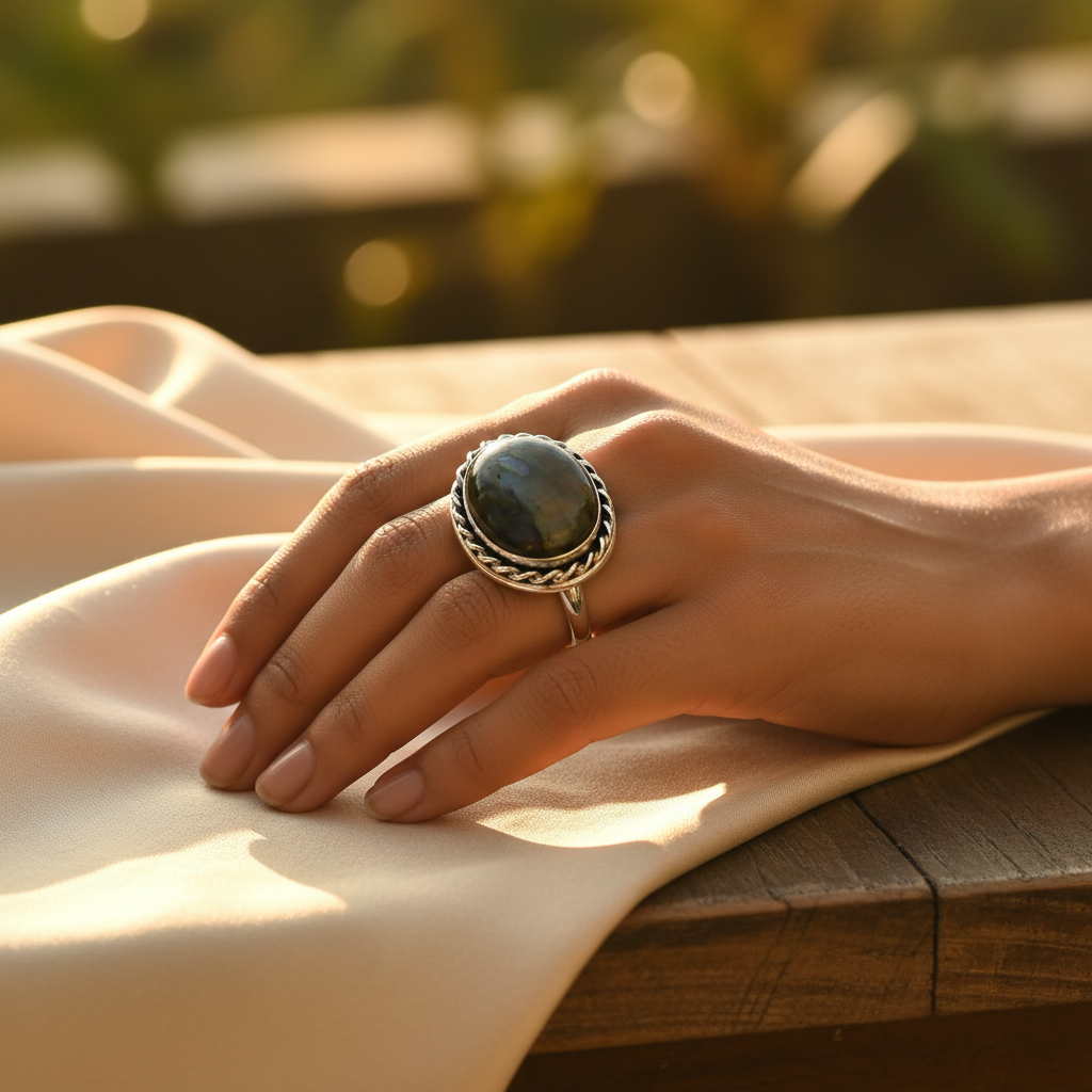 925 Sterling Silver Ring with Oval Black Gemstone | Women's Ring