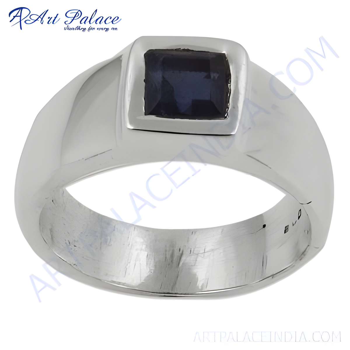 Sterling silver men's ring with a square cut dark blue sapphire gemstone