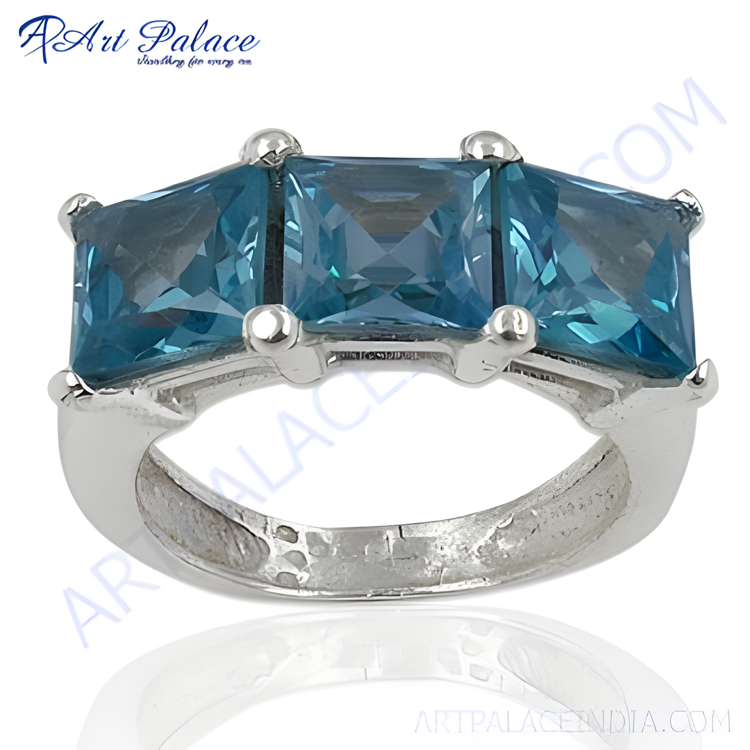 925 sterling silver ring with three blue topaz gemstones. A classic and elegant piece.