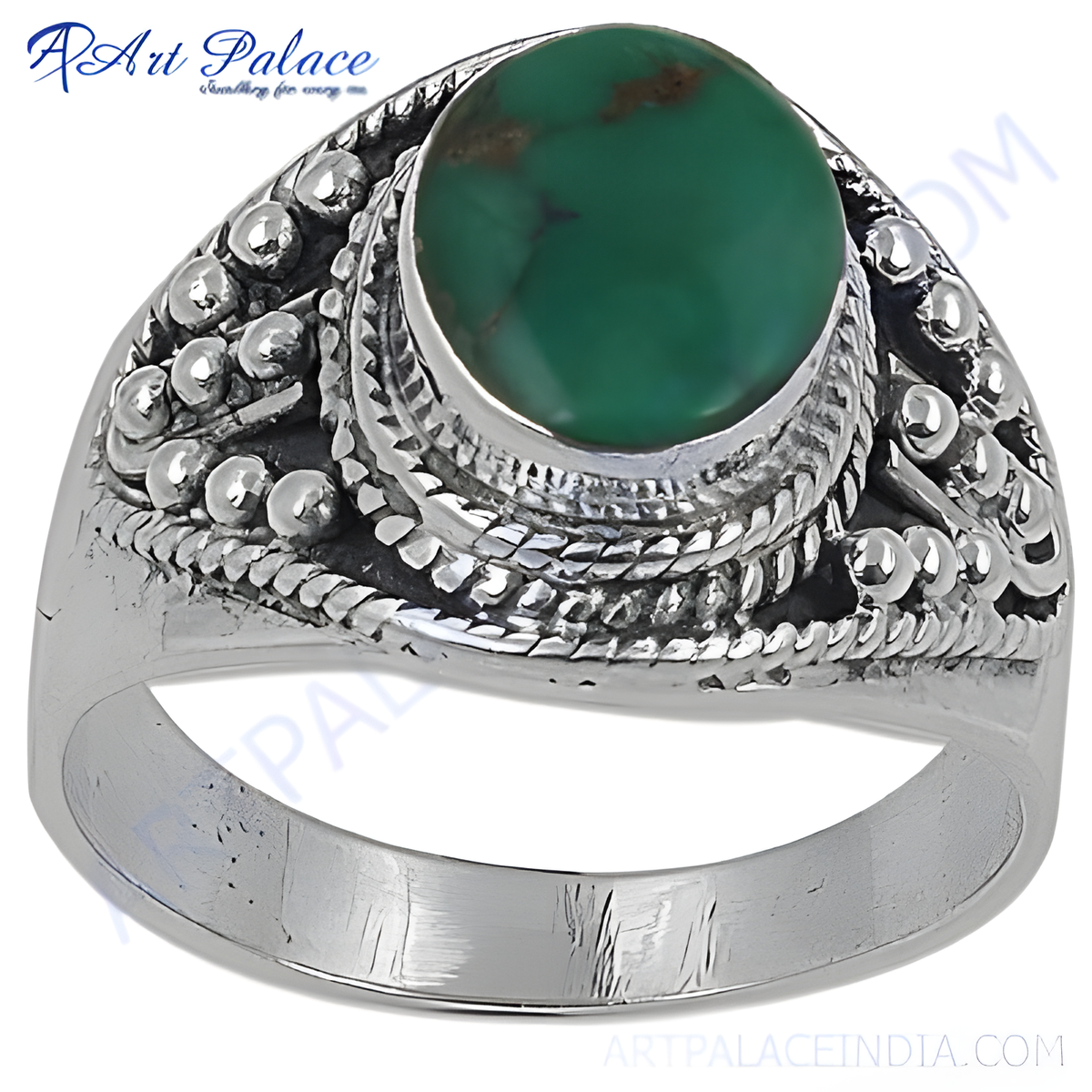Sterling silver ring with a large oval turquoise gemstone, detailed design, and a polished band, perfect for everyday wear