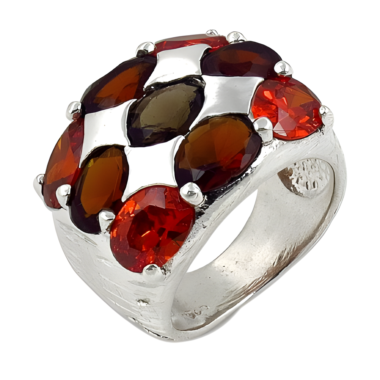 Gracious Fashion Orange & Red Cubic Zirconia & Smokey Glass Gemstone Silver Ring