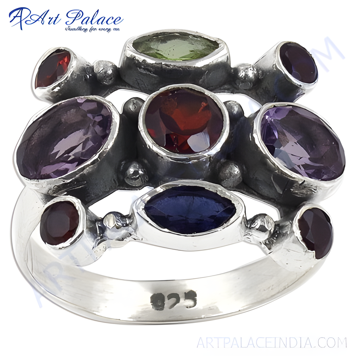 Sterling silver gemstone ring featuring amethyst, garnet, and other colorful gemstones; a statement piece