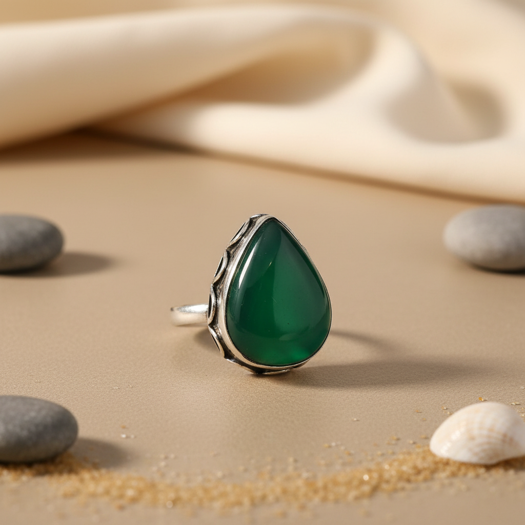 925 Sterling Silver Green Onyx Ring for Women | Gemstone Jewelry