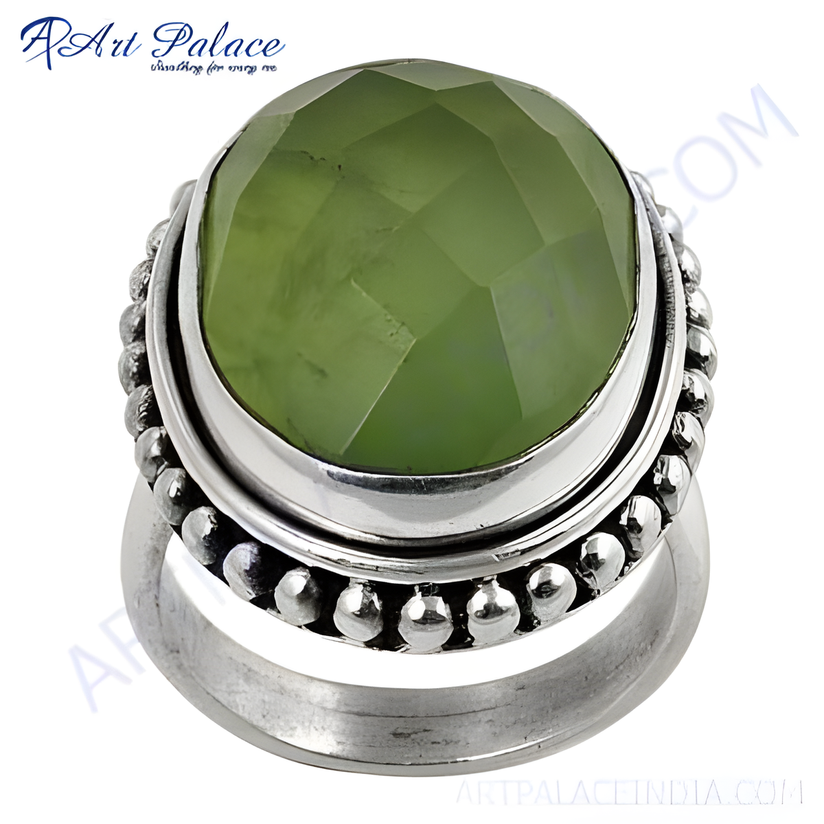 Sterling silver ring with a large faceted green quartz gemstone, elegant and stylish design