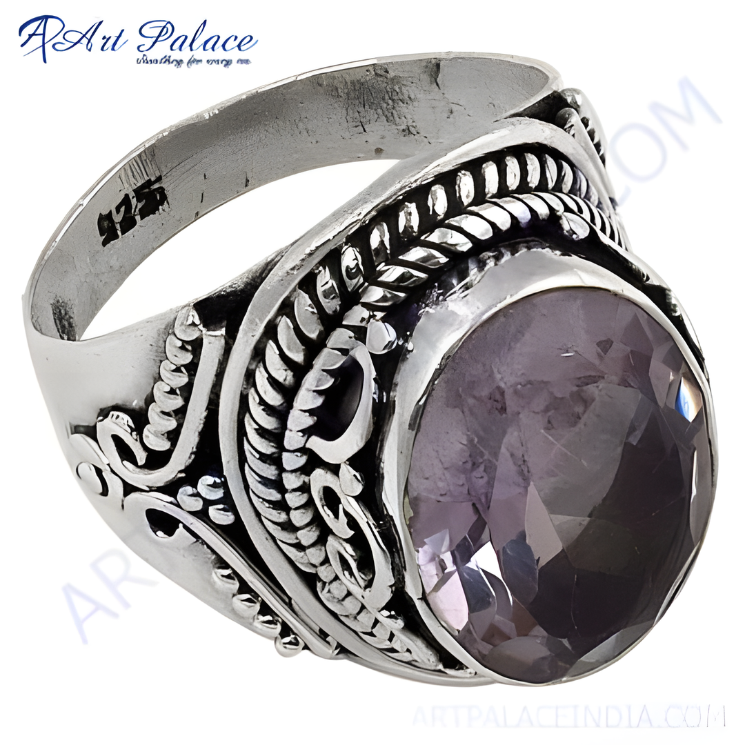 925 sterling silver ring with a large oval-cut purple amethyst gemstone.