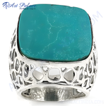 Load image into Gallery viewer, Sterling silver ring with a large turquoise stone. Turquoise color varies slightly due to the unique veining. Men&#39;s statement jewelry piece.
