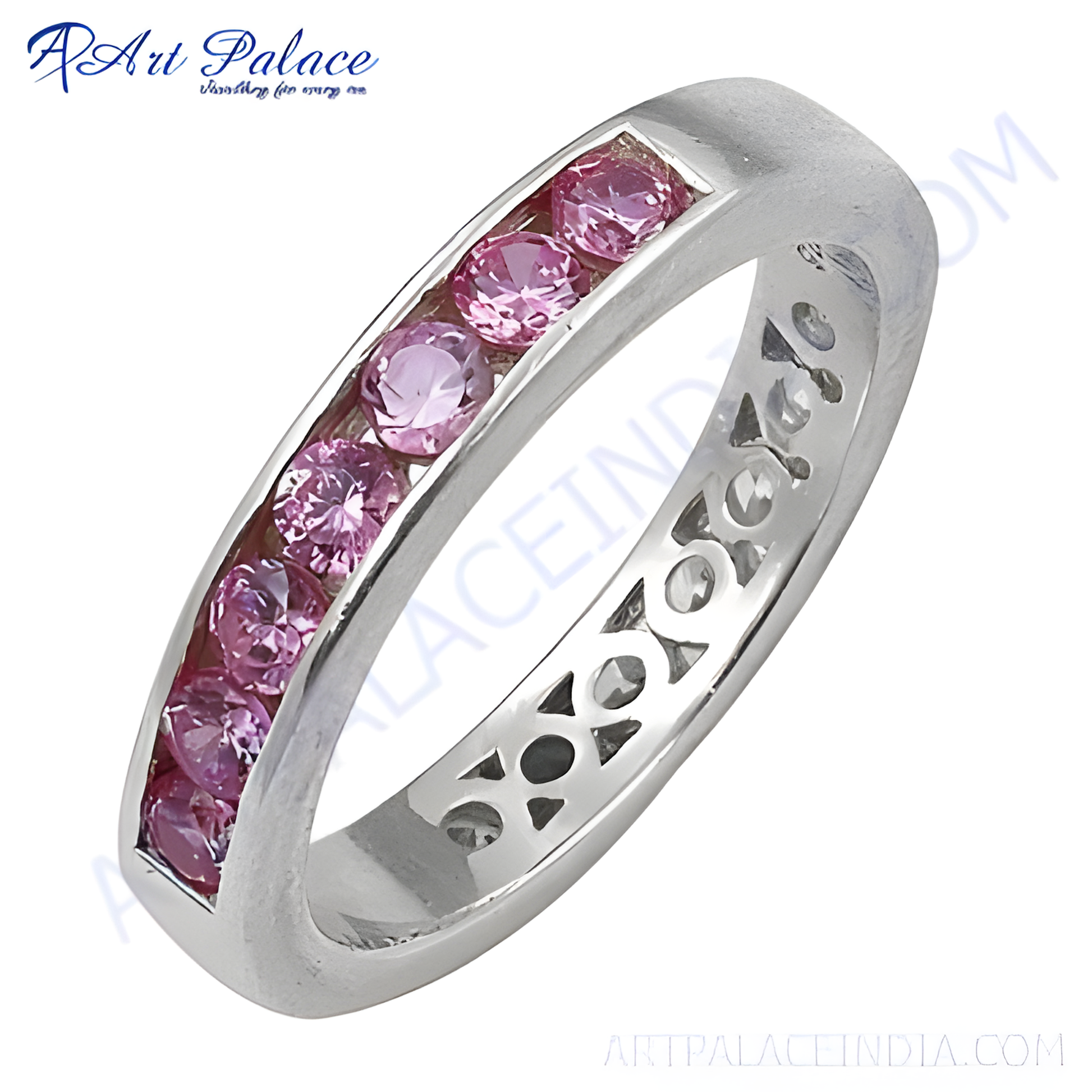 Lovely Pink Cubic Zirconia Gemstone Silver Eternity Ring Pink Cz Rings Fancy Cz Rings