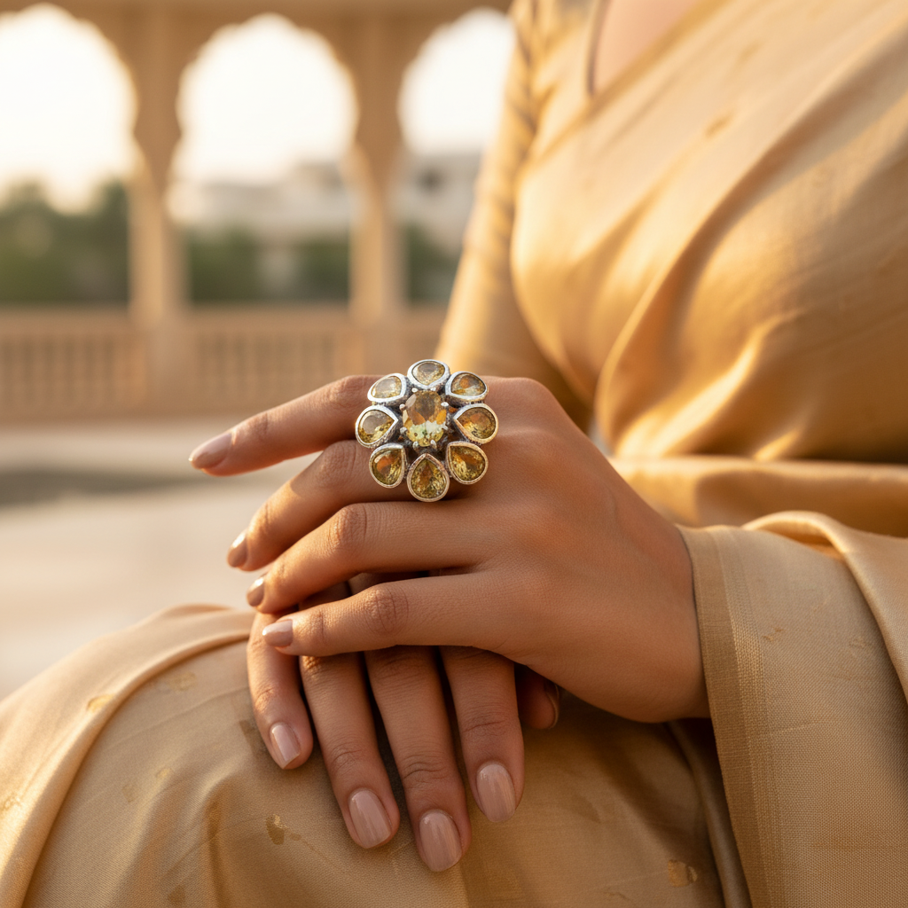 Citrine gemstone flower ring | 925 sterling silver ring for women
