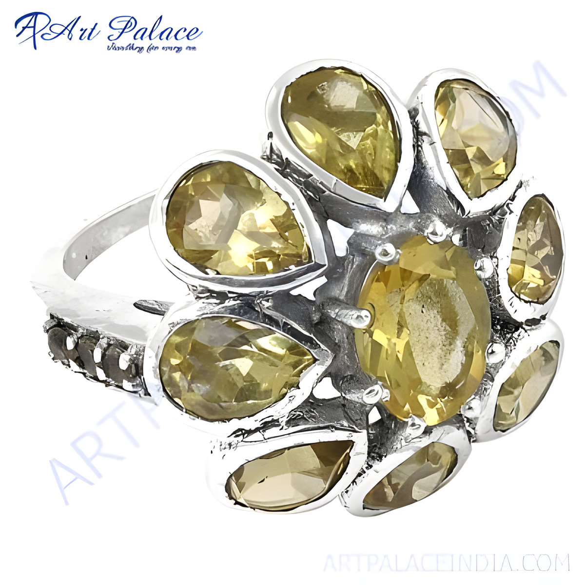Sterling silver flower ring with yellow citrine gemstones, elegant cluster design