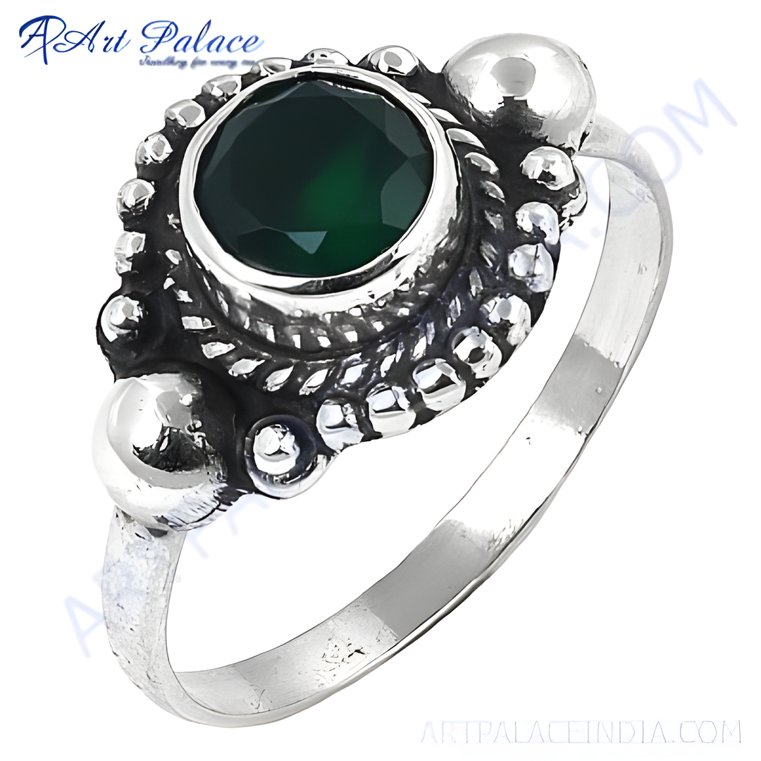 925 sterling silver ring with a vibrant green onyx gemstone, ideal for women.
