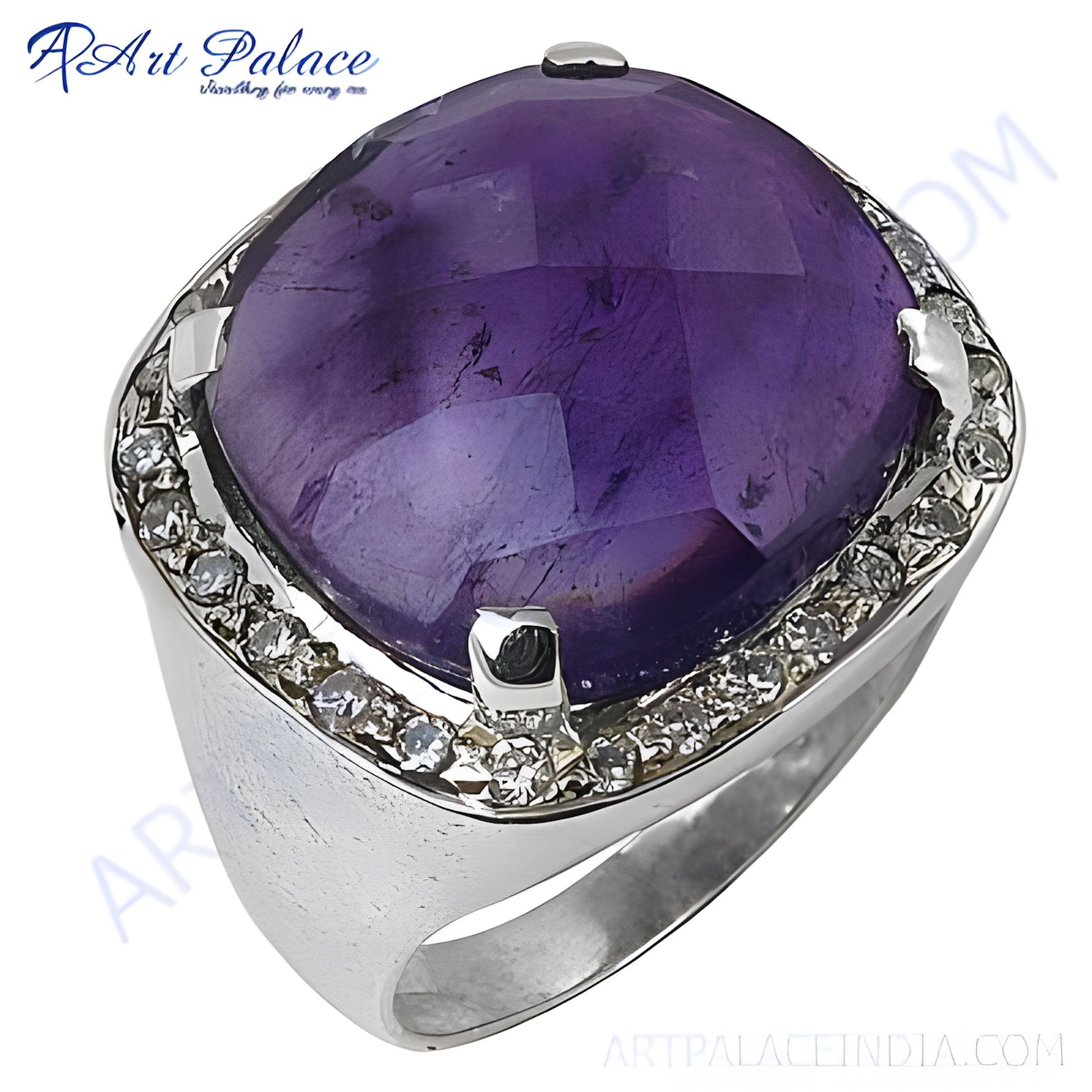 Large Amethyst & CZ Gemstone Silver Ring