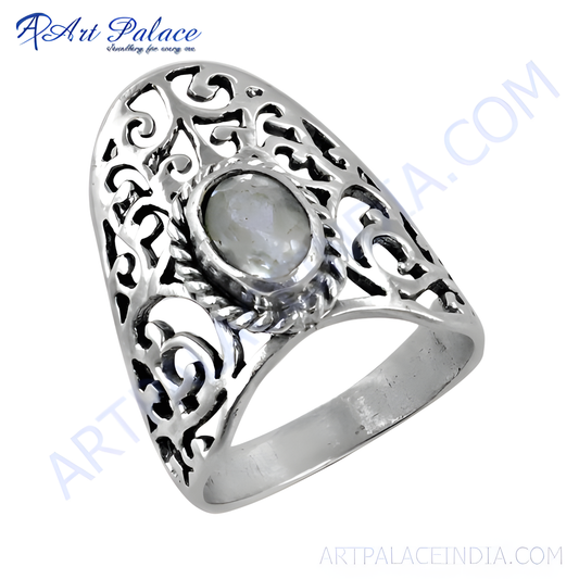 Elegant Traditional Cubic Zirconia Gemstone Silver Fretwork Ring