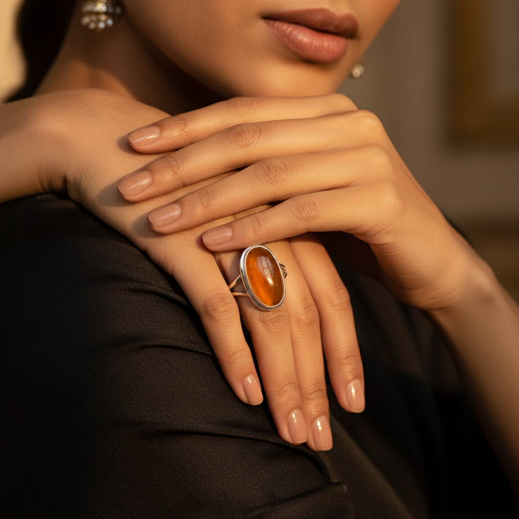 925 Silver Oval Amber Ring for Women | Gemstone Jewelry