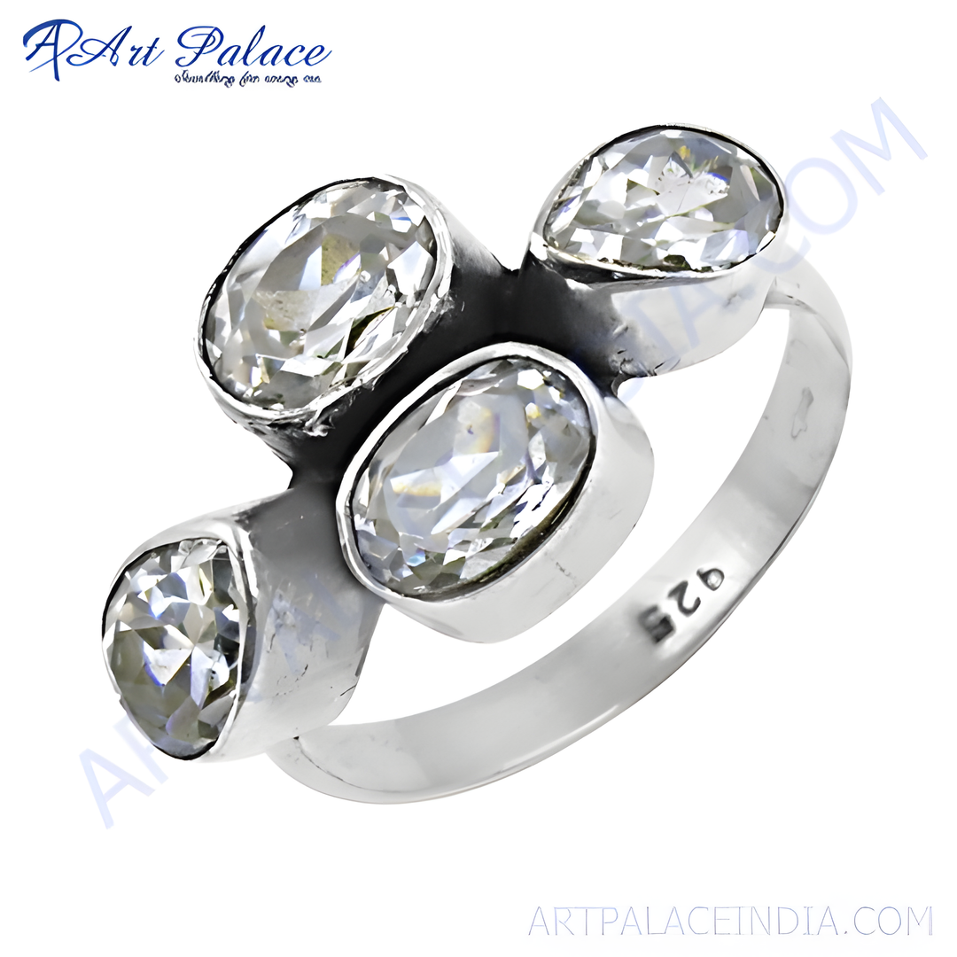 Sterling silver ring with multiple clear white topaz gemstones, a classic and elegant design