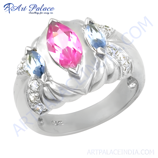 Party Wear Exclusive Blue Topaz & Multi Cubic Zirconia Silver Ring, 925 Sterling silver Jewelry